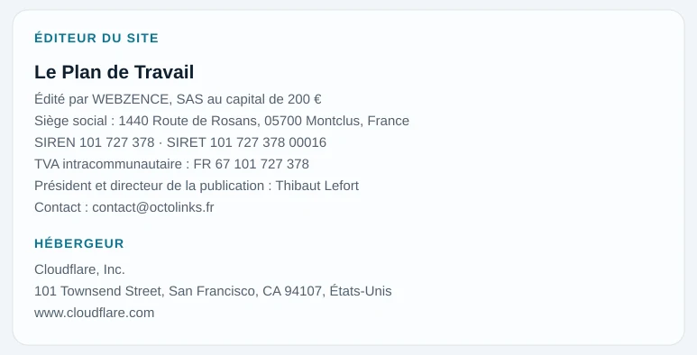 Coordonnées légales de l&rsquo;éditeur et de l&rsquo;hébergeur du site