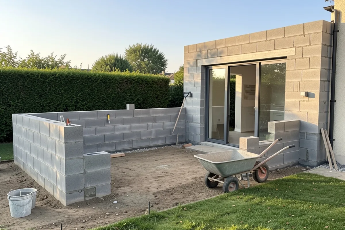 Extension maçonnée en cours côté jardin avec ouverture prévue pour une baie