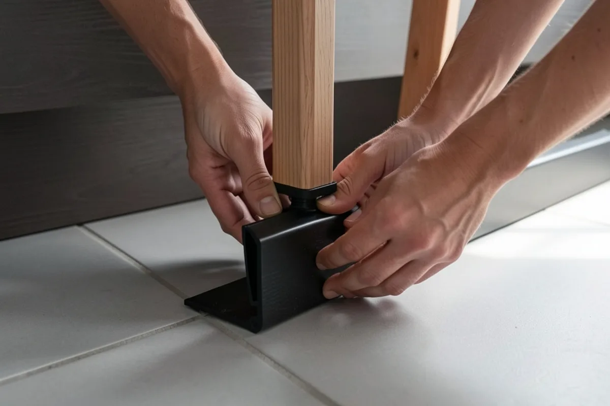 Réglage du pied vissé d&rsquo;un meuble bas de cuisine, plinthe déposée