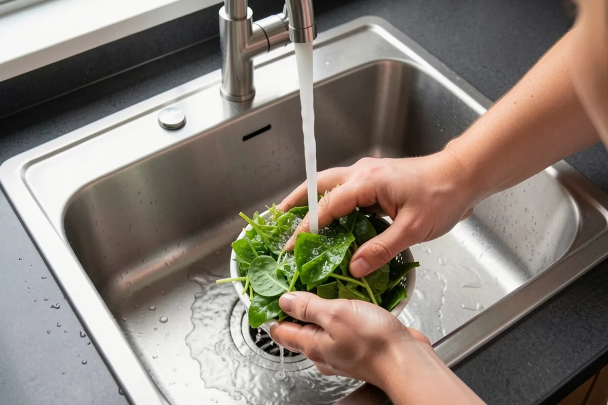 Évier en inox encastré dans un plan sombre, mains qui rincent une salade