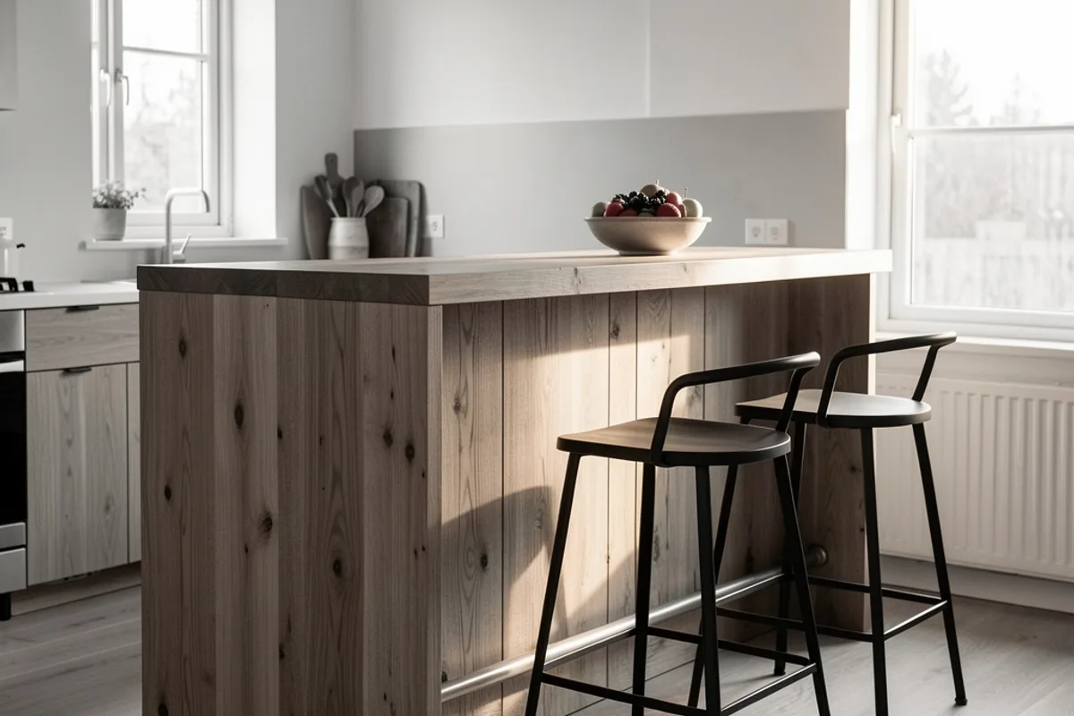 Bar de cuisine en bois surélevé avec deux tabourets hauts et une coupe de fruits