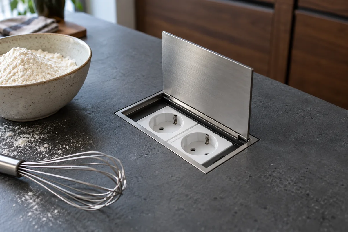 Boîtier de prises à fleur d&rsquo;un plan en céramique anthracite, couvercle relevé