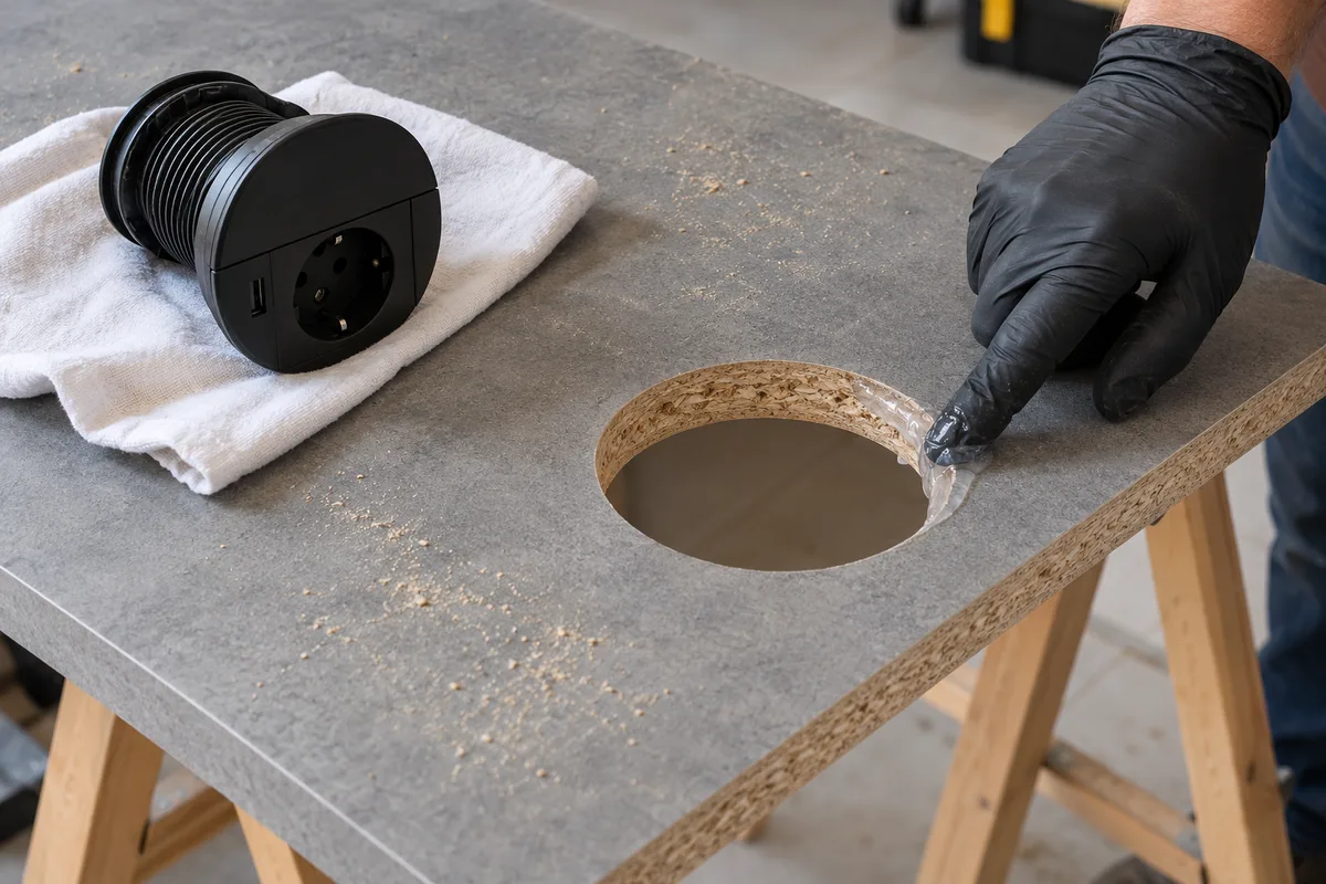 Mastic étalé sur la tranche d&rsquo;une découpe ronde dans un plan stratifié