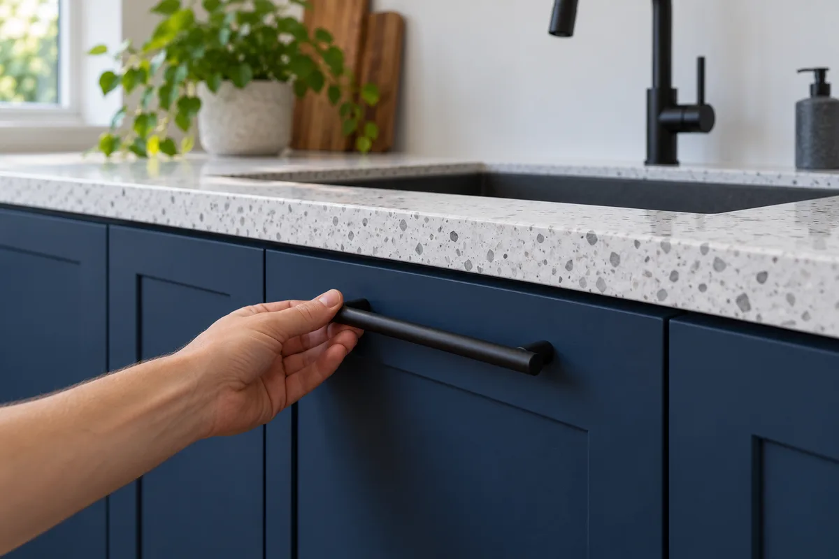 Poignée noir mat présentée contre une façade bleu nuit, robinet noir mat assorti à l’arrière-plan