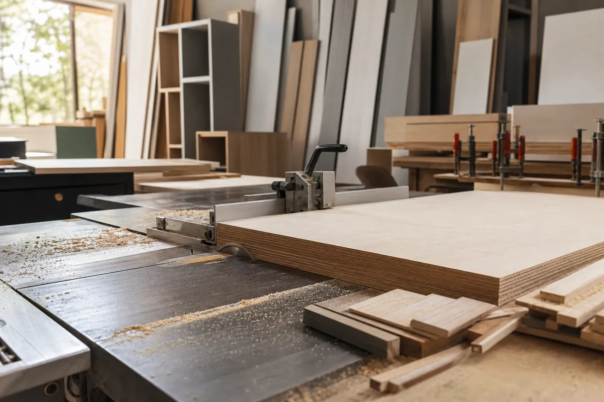 Atelier de menuiserie, découpe de panneaux pour caissons de cuisine hors dimensions