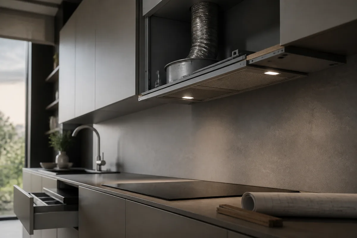 Hotte encastrable installée au-dessus d&rsquo;une plaque de cuisson avec conduit d&rsquo;évacuation