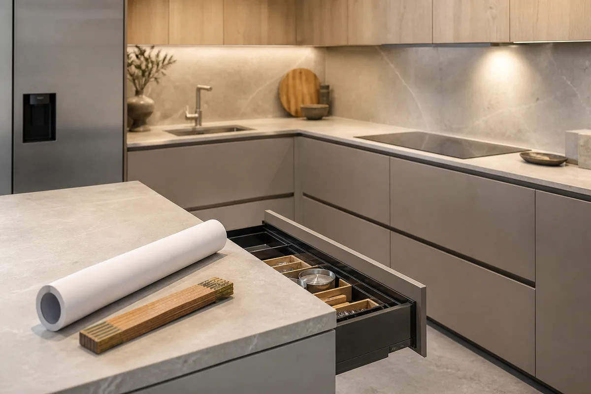 Plan de cuisine en L avec zones de froid, lavage et cuisson identifiées