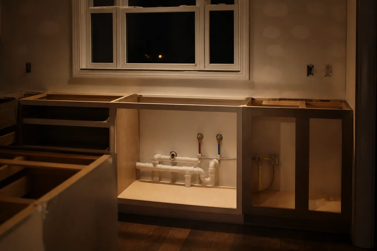 Raccordements d&rsquo;eau et d&rsquo;électricité derrière un caisson de cuisine avant pose du plan de travail