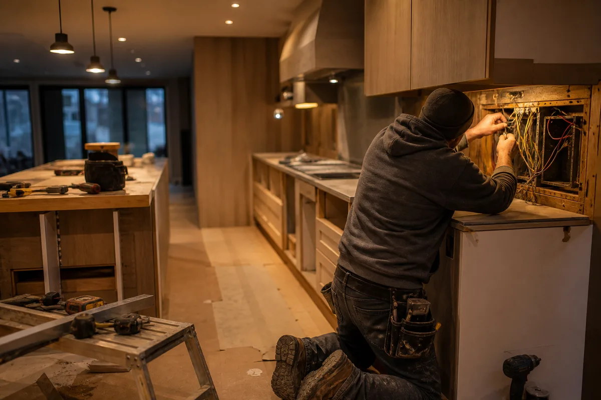 Artisan raccordant l&rsquo;alimentation électrique d&rsquo;une cuisine en rénovation